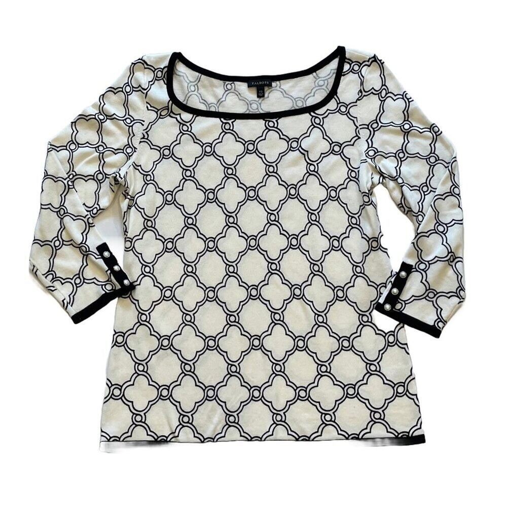 Talbots Black White Allover Print Lightweight 3/4 Sleeve Knit Top, Career, XS